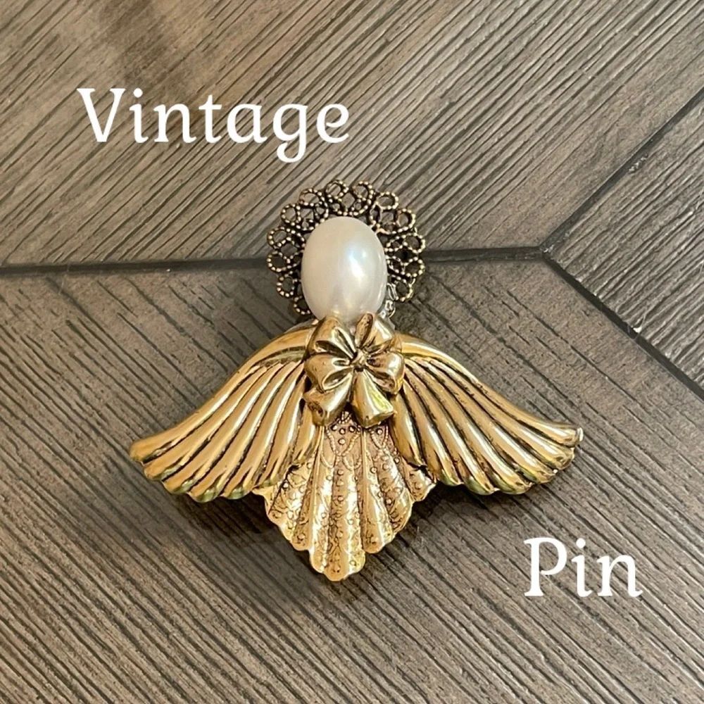 Vintage Gold-tone Angel Wing Brooch with Pearl Accent